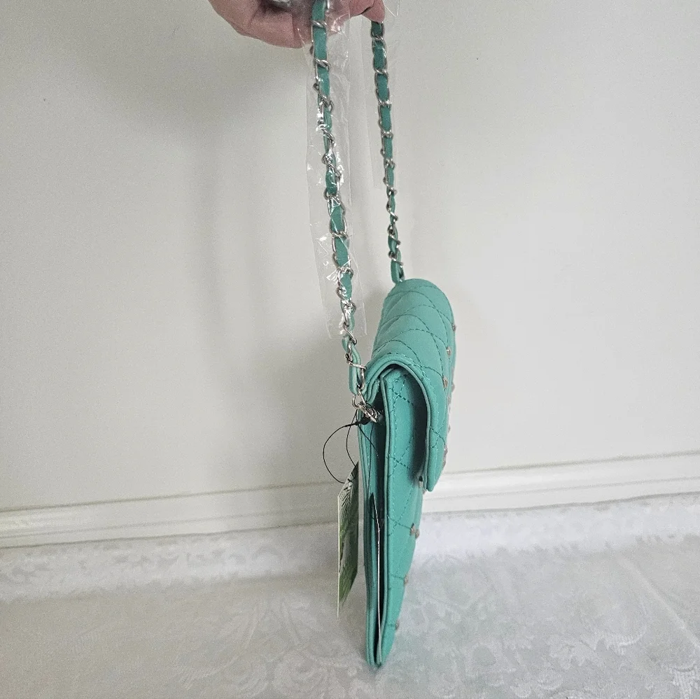 Badgley Mischka Teal Green Diamond Quilted and Studded Phone Case Crossbody